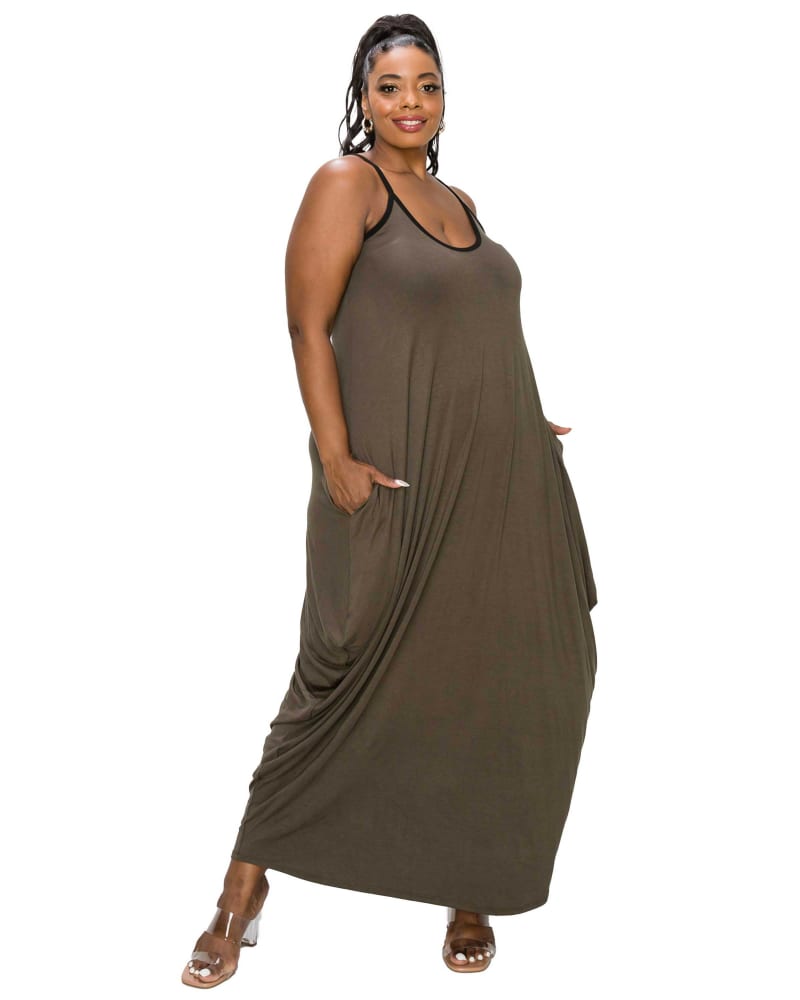 Front of a model wearing a size 1X Spaghetti Strap Harem Dress in Olive by L I V D. | dia_product_style_image_id:367344